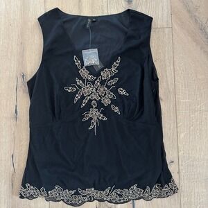 KC Gold Black Sleeveless Beaded Embellished Tank Top Party Blouse Medium